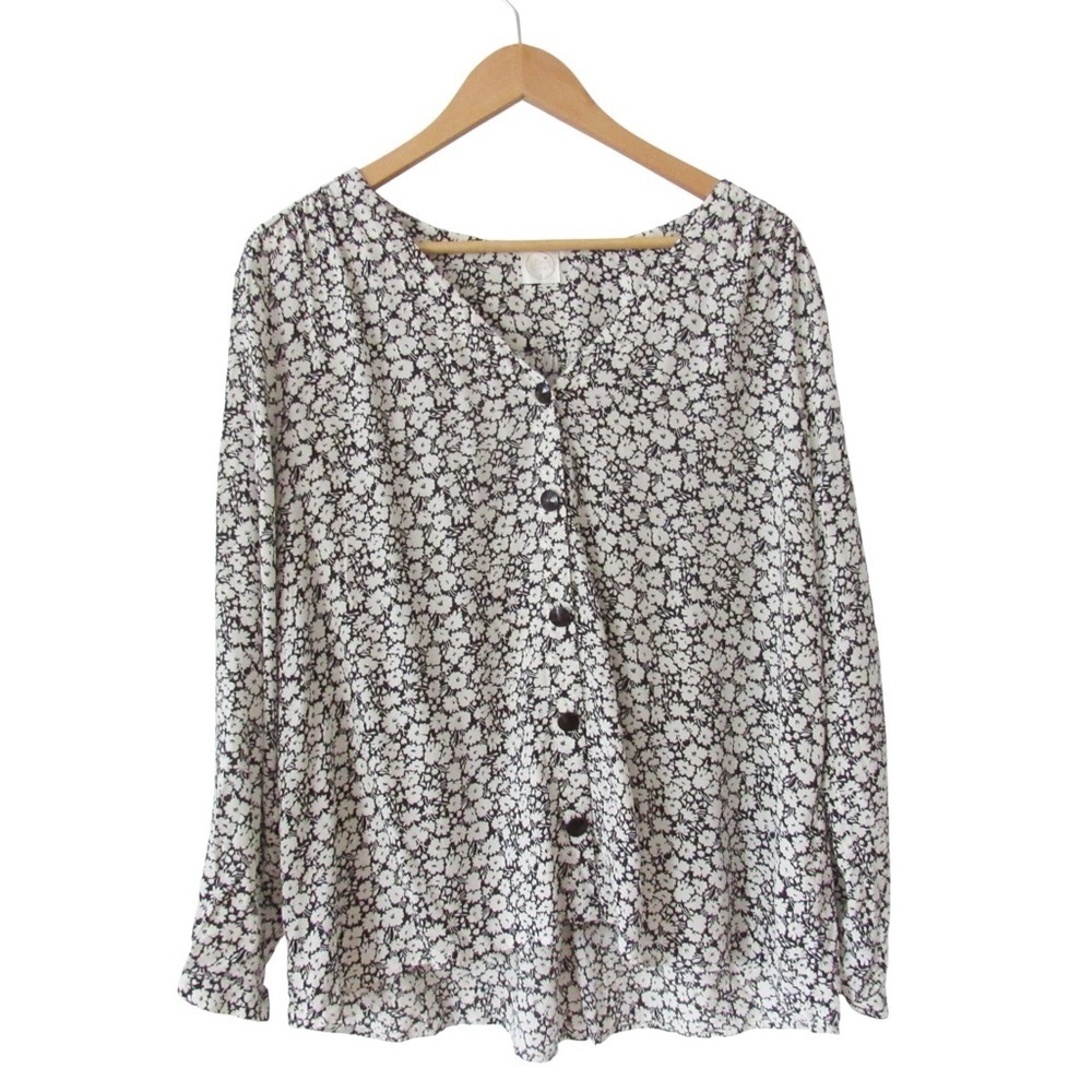 Des Petits Hauts Tosalia Blouse XL Black White Floral Button Front Long Sleeves